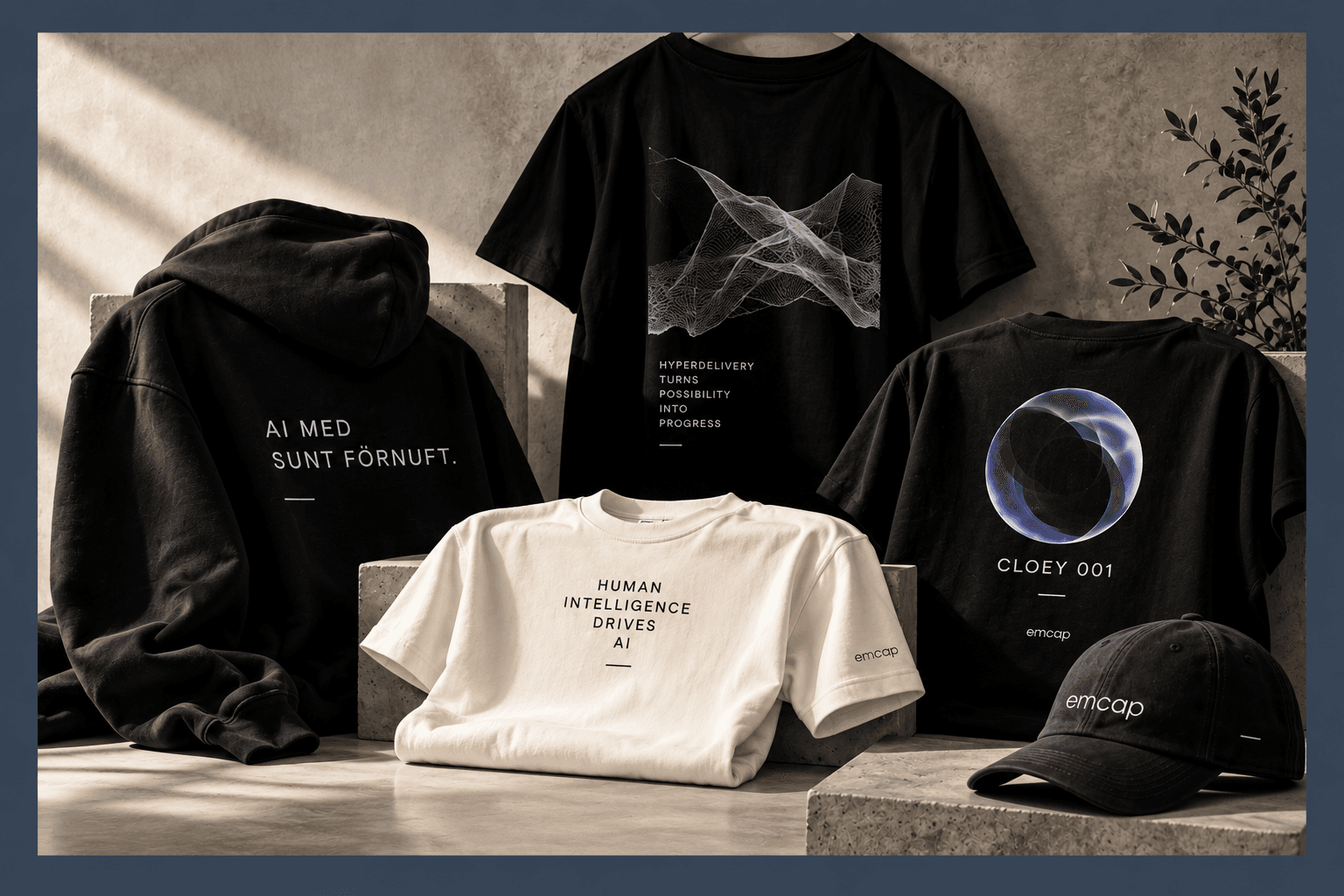 Emcap merch med t-shirts, sweatshirt och keps